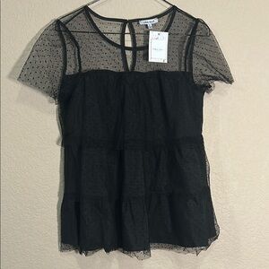 White Birch Black Sheer Puff Sleeve Blouse